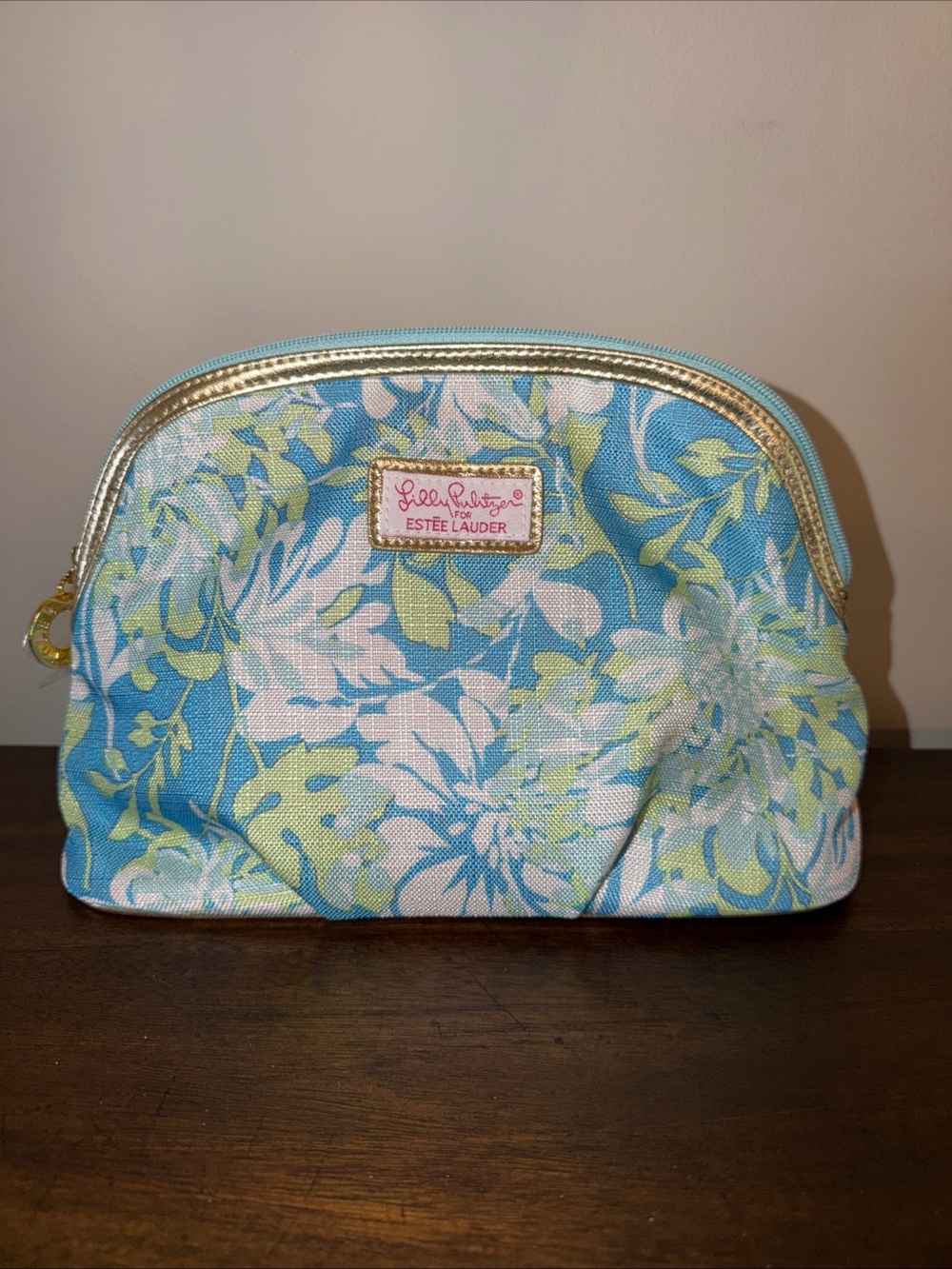 Lilly Pulitzer Blue Floral Cosmetic Pouch with Gold Trim